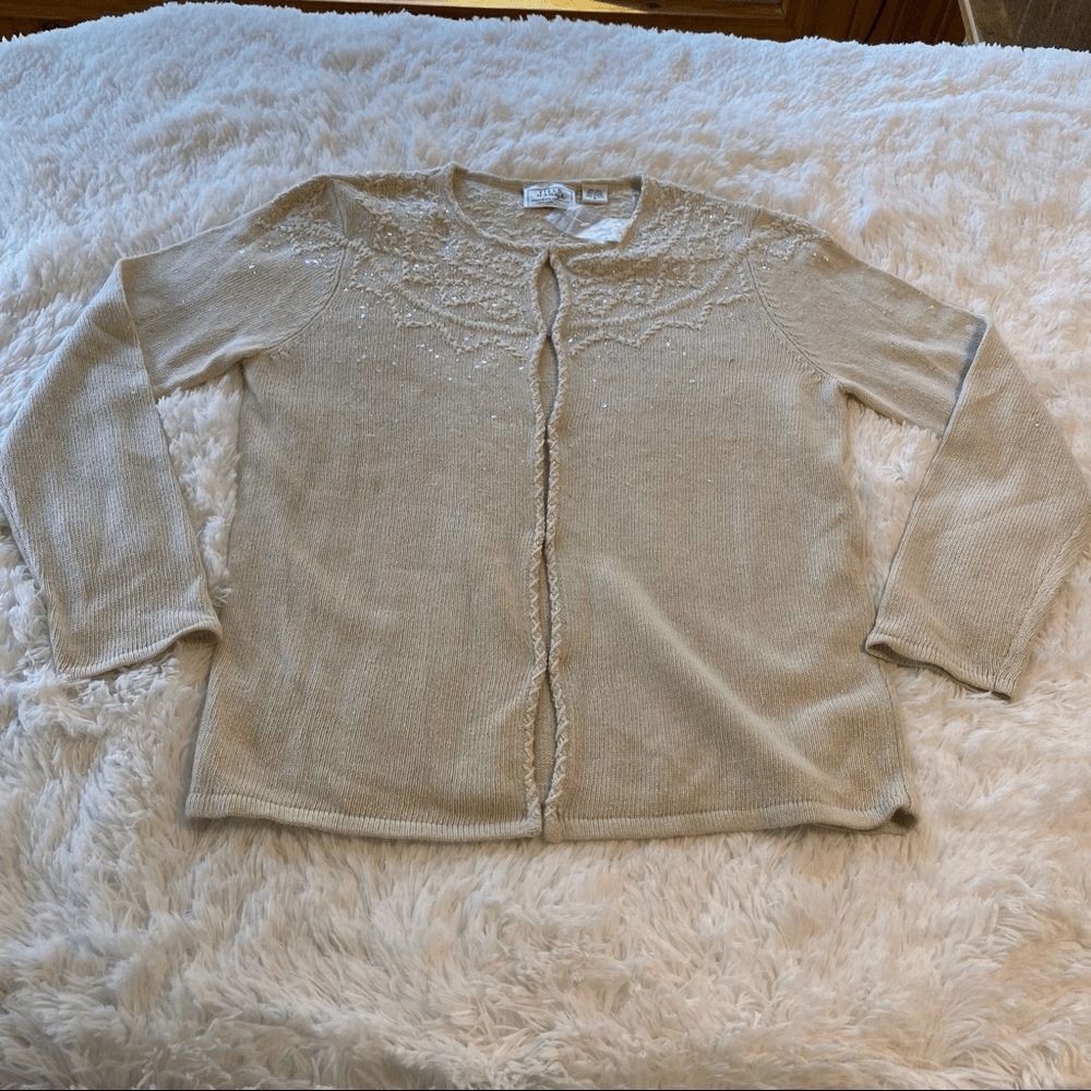 Field Manor Silk Angora Cardigan Women’s M Cream Beaded Sequin Embroidered